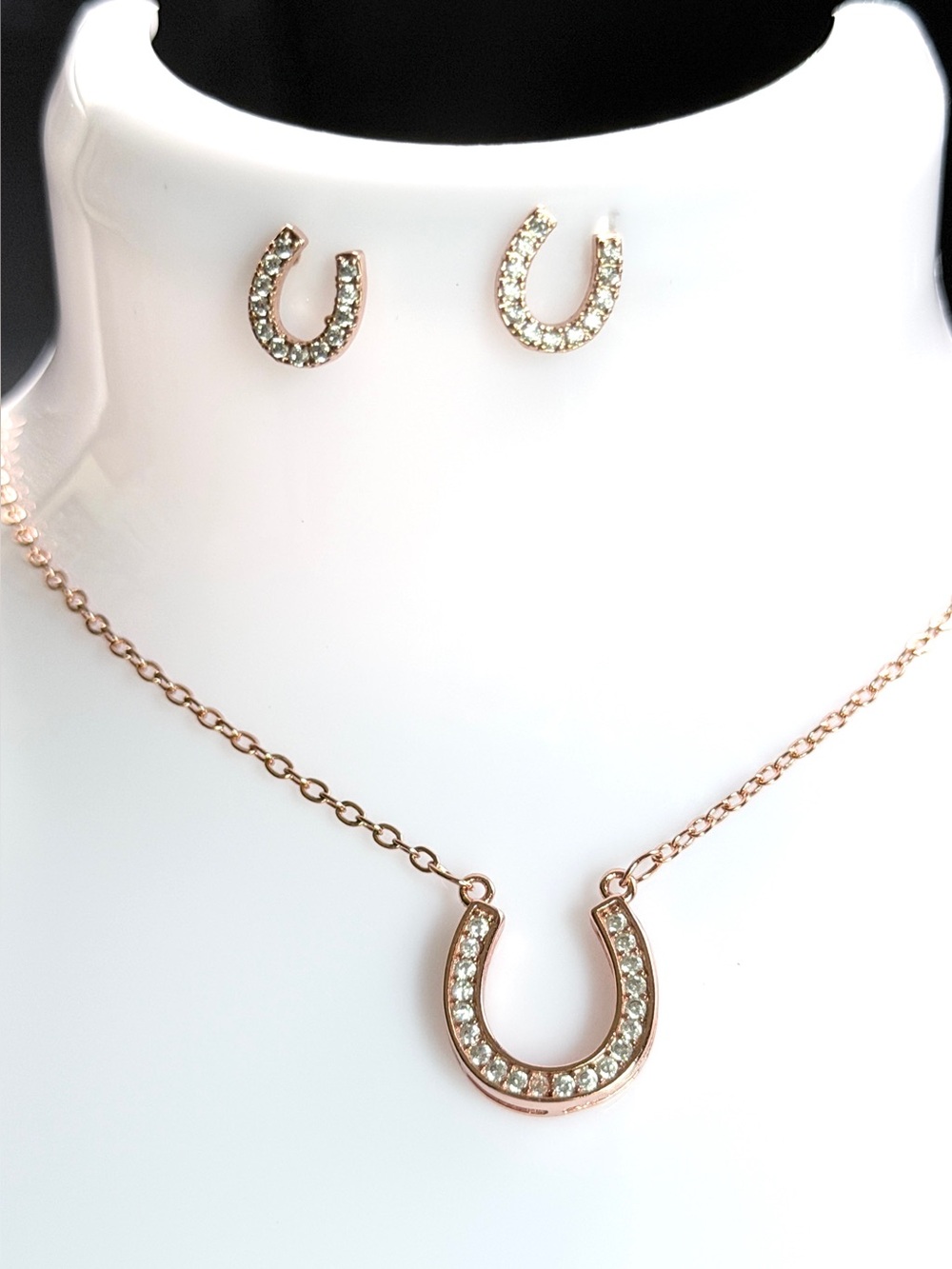 Horseshoe Necklace & Earring Set w/Rhinestones in RoseGold Tone